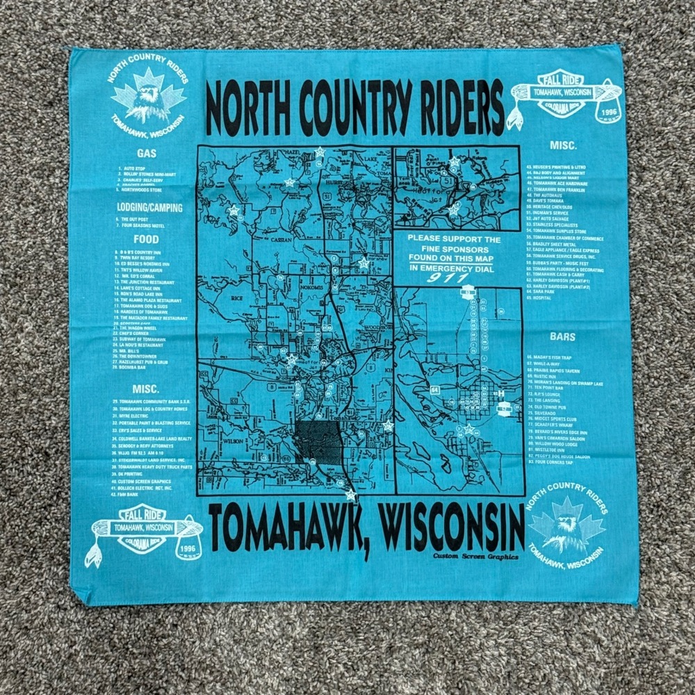 Vintage 1996 North Country Riders Tomahawk Wisconsin Fall Ride Map Bandana Blue